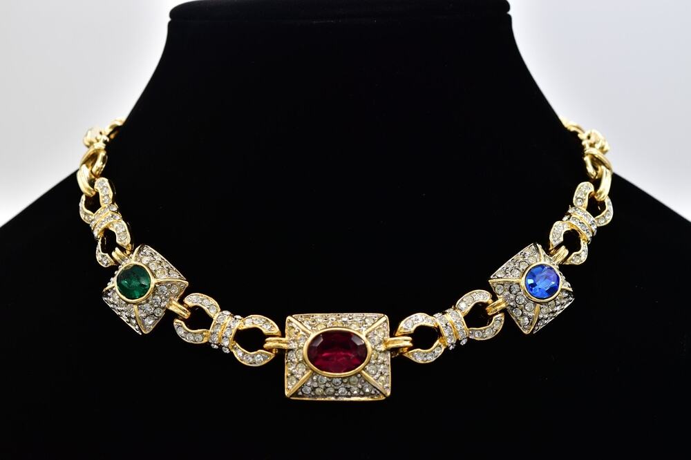 Vintage NOS Multicolor Rhinestone Crystal Statement Collar Necklace 80s BinBL